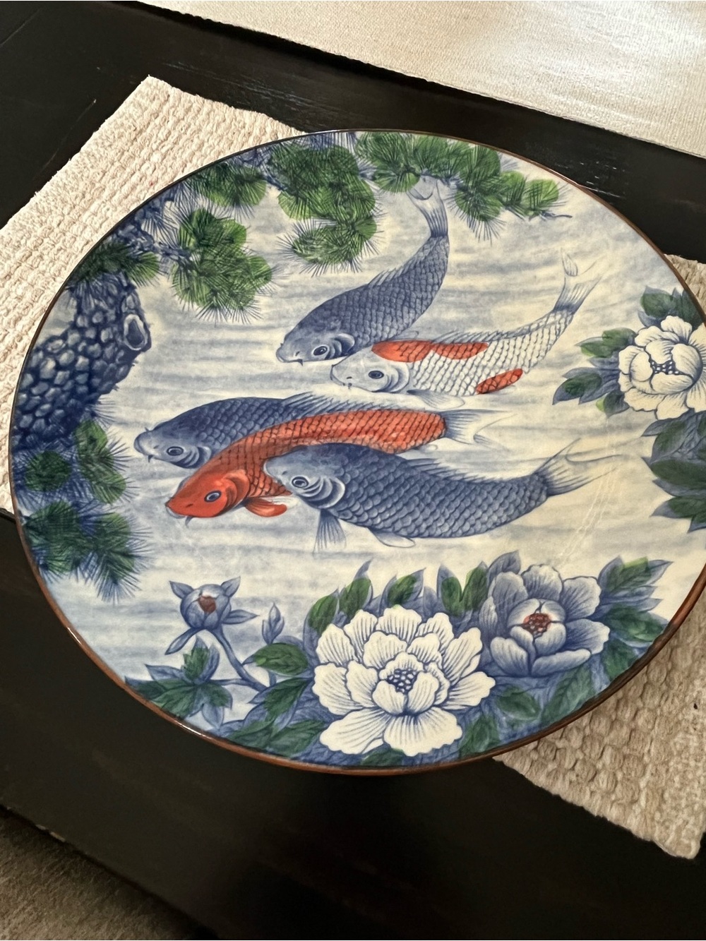 Japanese Indigo Blue Lotus Flower Orange Koi Fish Serving Plate 12in. Vintage
